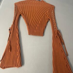 Fashion Nova Rust Orange Ribbed Knit Bell Sleeve Top – Lace-Up Arms, S